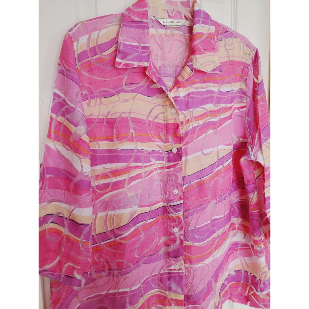Allison‎ Daley Pink Abstract Swirl Sheer Button Up 3/4 Sleeve Blouse Plus SZ 3x